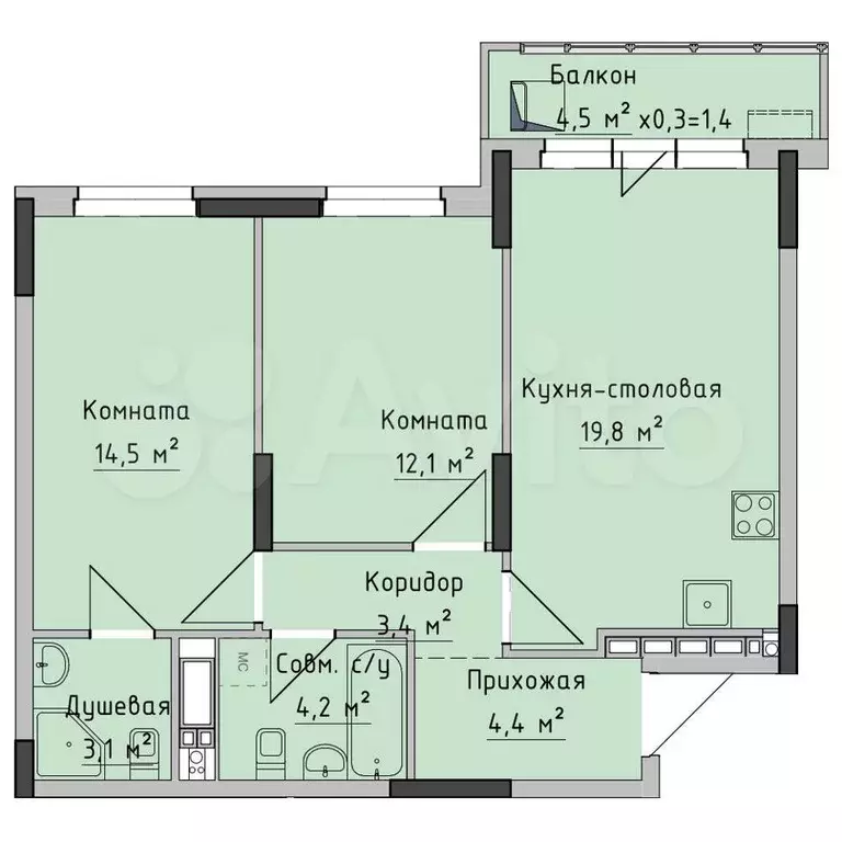 2-к. квартира, 61,6 м, 8/18 эт. - Фото 0