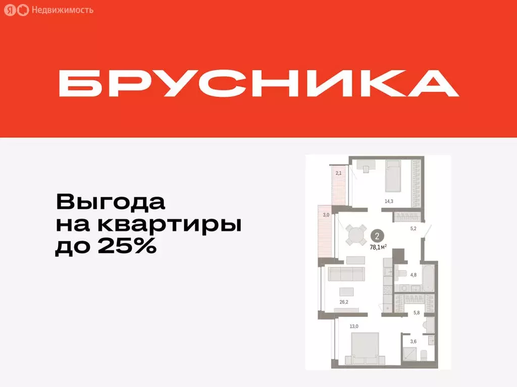 2-комнатная квартира: Тюмень, улица Муравленко, 9/2 (78.08 м) - Фото 0