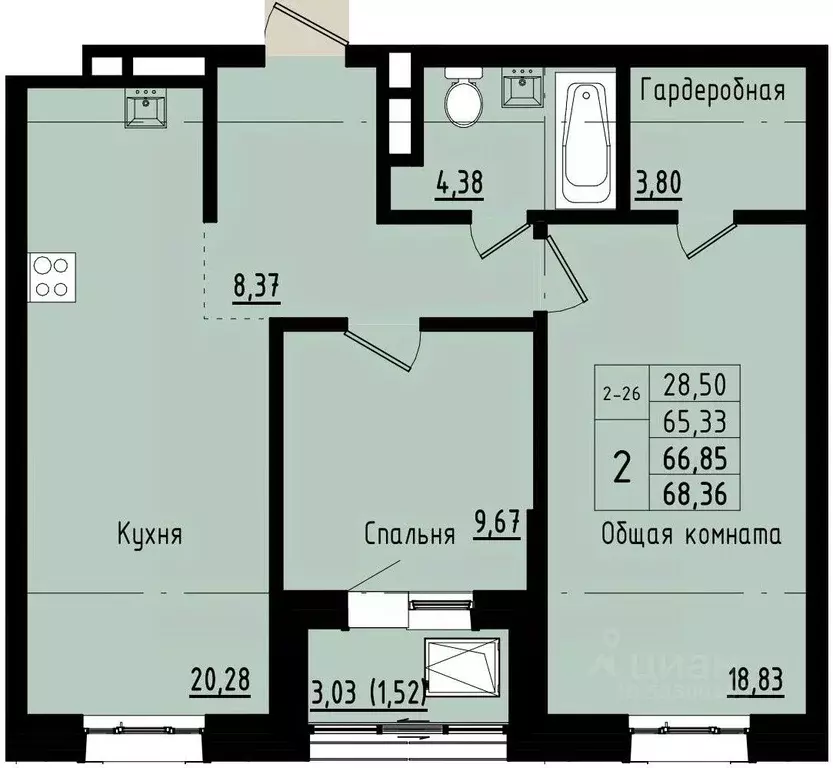 2-к кв. Саха (Якутия), Покровск ул. Орджоникидзе, 68 (66.85 м) - Фото 1