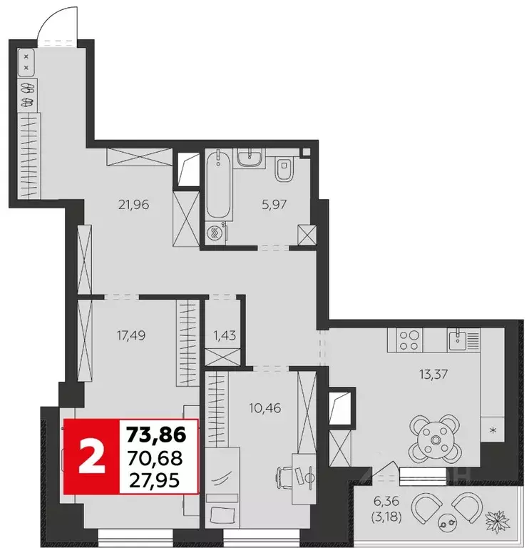 2-к кв. Ростовская область, Батайск ул. Воровского, 53 (73.86 м) - Фото 1