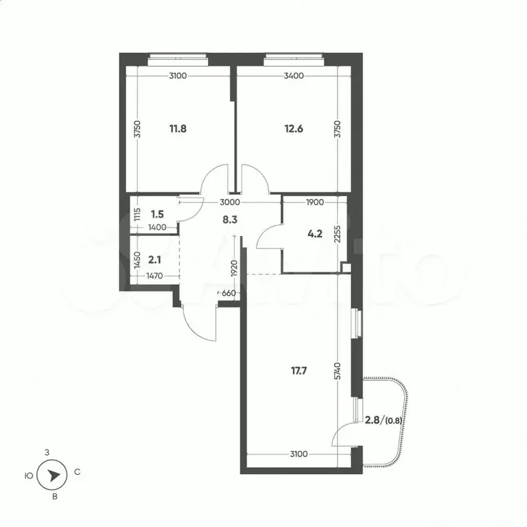 2-к. квартира, 59 м, 9/15 эт. - Фото 1
