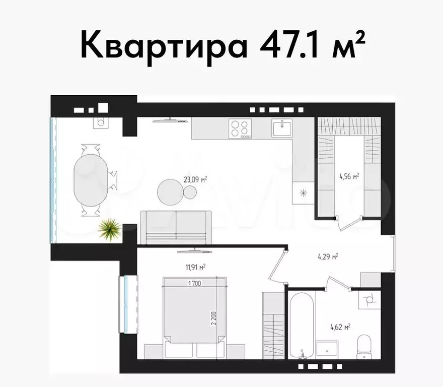 1-к. квартира, 47,1 м, 2/4 эт. - Фото 0