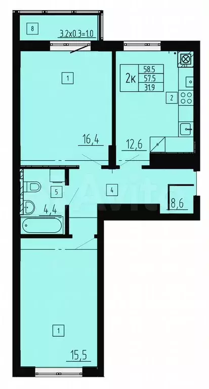 2-к. квартира, 59 м, 6/8 эт. - Фото 1