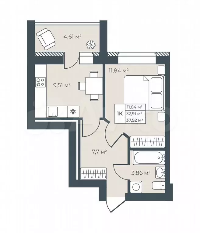 1-к. квартира, 37,5 м, 7/8 эт. - Фото 0