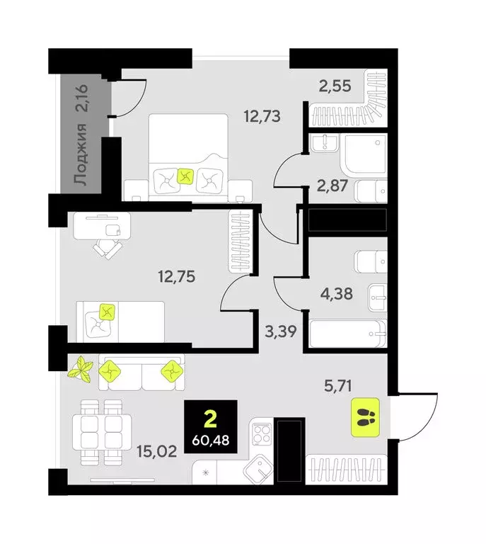 2-комнатная квартира: Тюмень, улица Андрея Приказнова, 1 (60.8 м) - Фото 1