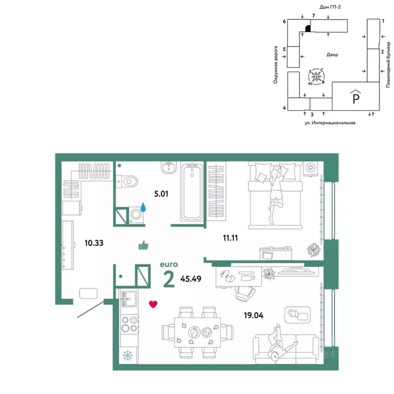 2-к кв. Тюменская область, Тюмень Интернациональная ул., 199к9 (45.49 ... - Фото 1