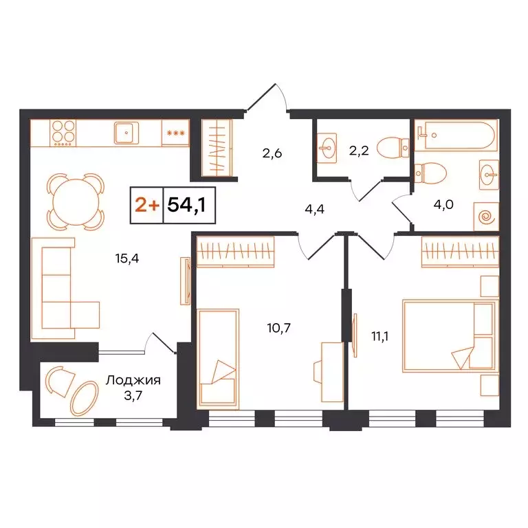 2-комнатная квартира: Тюмень, ЖК UNO (54.1 м) - Фото 1