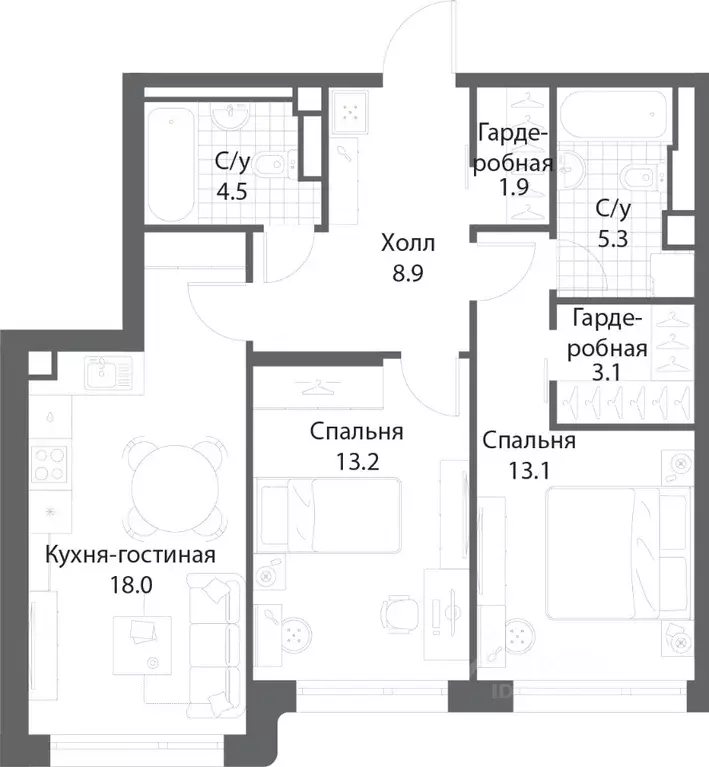 2-к кв. Москва Нагатино Ай-Ленд жилой комплекс, к1 (68.1 м) - Фото 0