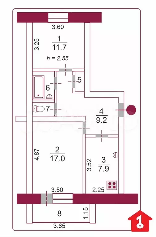 2-к. квартира, 53 м, 3/5 эт. - Фото 0