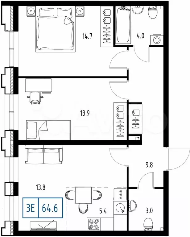 3-к. квартира, 64,6 м, 9/9 эт. - Фото 0