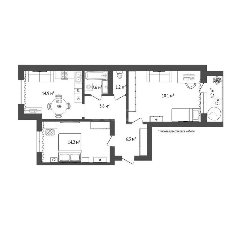 2-комнатная квартира: Тюмень, улица Республики, 10 (60.9 м) - Фото 1