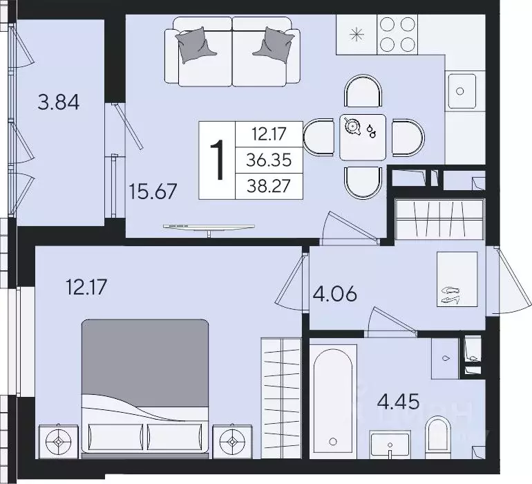 1-к кв. Краснодарский край, Краснодар  (38.27 м) - Фото 2