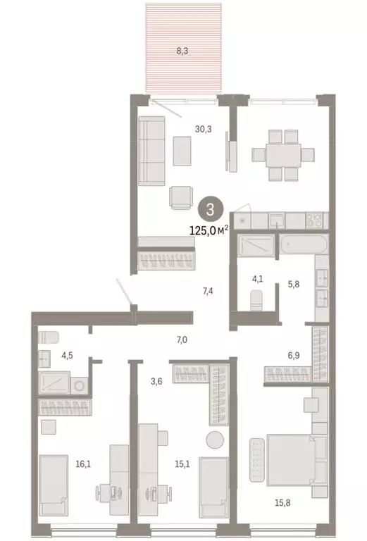 3-комнатная квартира: Новосибирск, Большевистская улица, с49 (124.98 ... - Фото 1