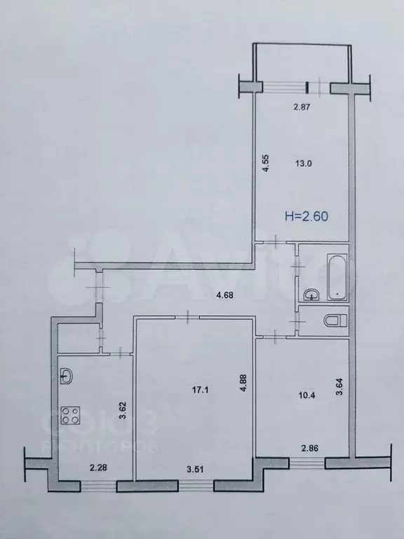 3-к. квартира, 65,6 м, 5/9 эт. - Фото 0