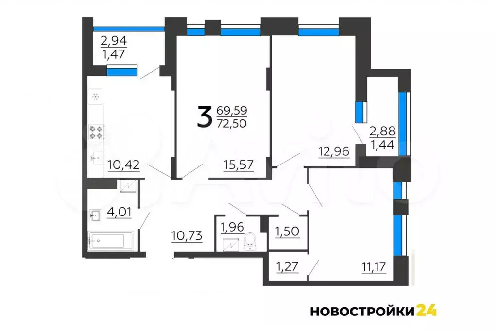 3-к. квартира, 72,5 м, 16/18 эт. - Фото 1