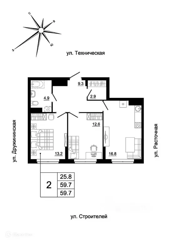 Продаётся 2-к квартира, 58.3 м - Фото 1