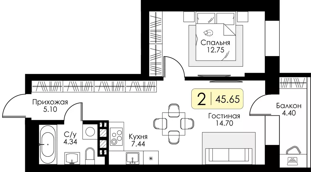 1-к квартира, 45.65 м - Фото 0