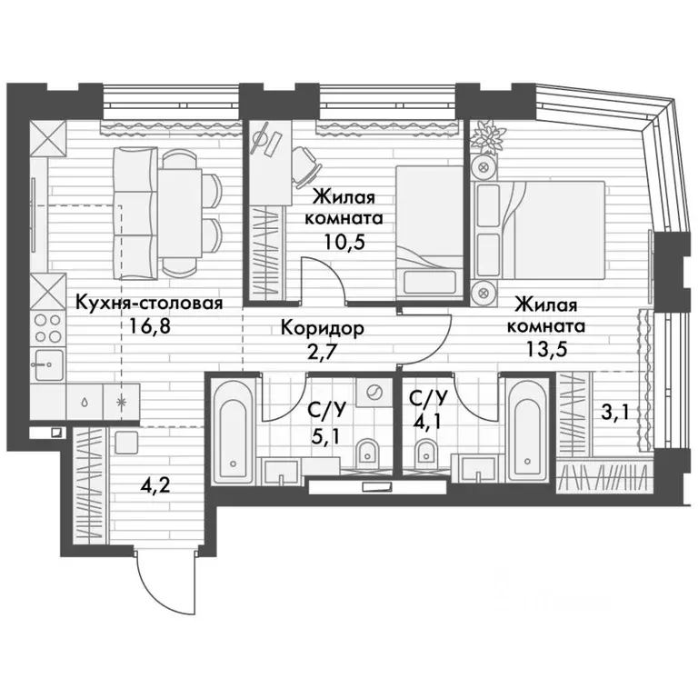 2-к кв. Приморский край, Владивосток Философия жилой комплекс (59.6 м) - Фото 2