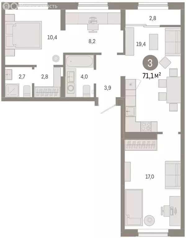 3-комнатная квартира: Тюмень, микрорайон ДОК, ЖК Октябрьский на Туре ... - Фото 2