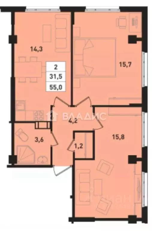 Квартира, 2 комнаты, 56.1 м - Фото 0