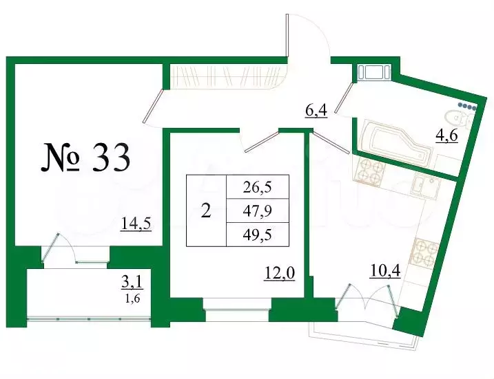 2-к. квартира, 49,5 м, 4/8 эт. - Фото 0