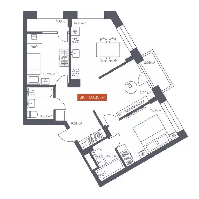 3-к кв. Томская область, Томск Красноармейская ул., 144 (68.85 м) - Фото 2