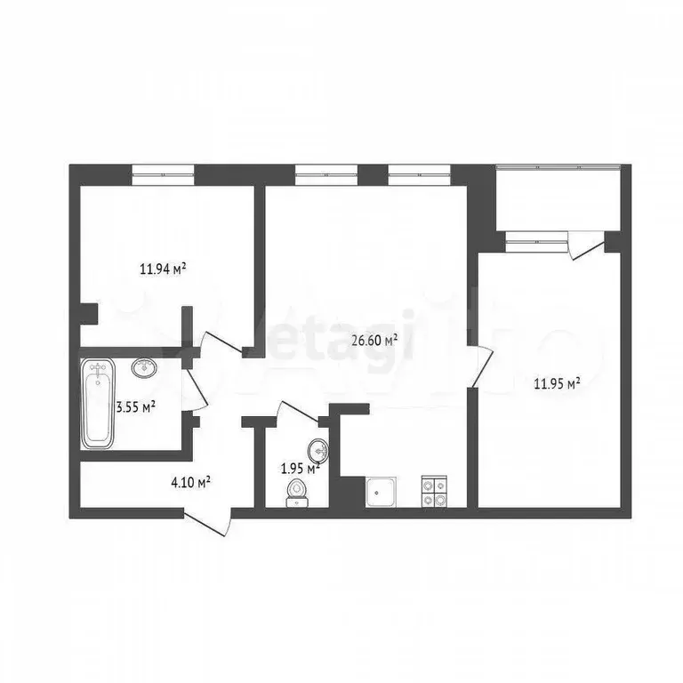 2-к. квартира, 60,6 м, 1/3 эт. - Фото 0