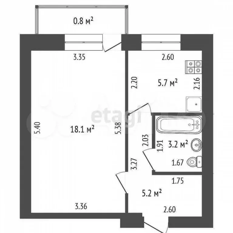 1-к. квартира, 31,9 м, 3/5 эт. - Фото 0