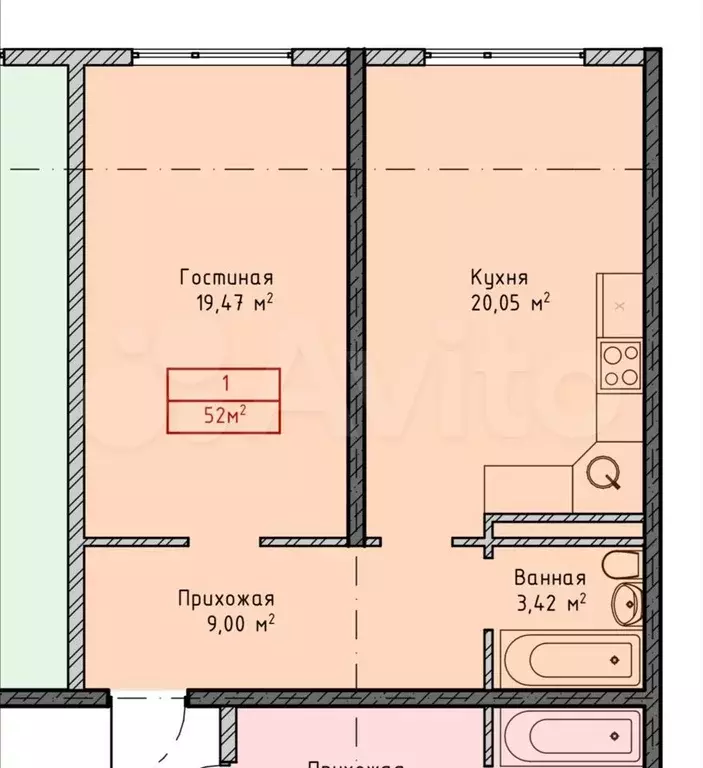 1-к. квартира, 52 м, 5/8 эт. - Фото 1