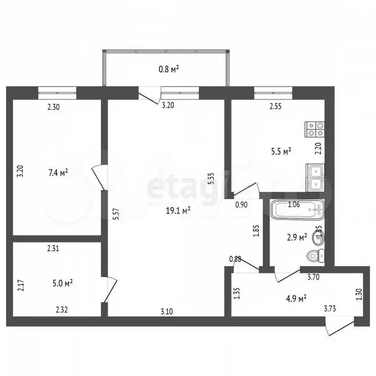 2-к. квартира, 44,8 м, 5/5 эт. - Фото 0