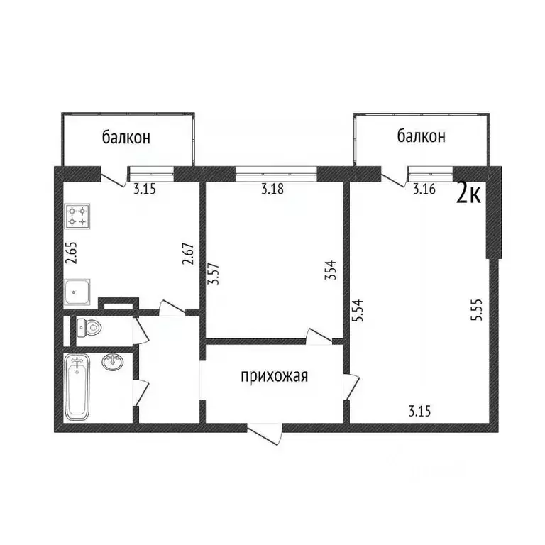 2-к кв. Белгородская область, Белгород ул. Есенина, 54 (50.2 м) - Фото 2