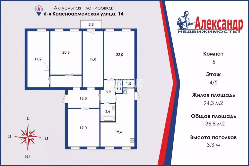 5-к кв. Санкт-Петербург 6-я Красноармейская ул., 14 (136.8 м) - Фото 1