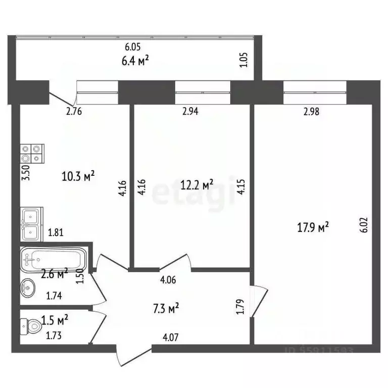 2-к кв. Чувашия, Чебоксары ул. Грасиса, 1к1 (51.8 м) - Фото 2