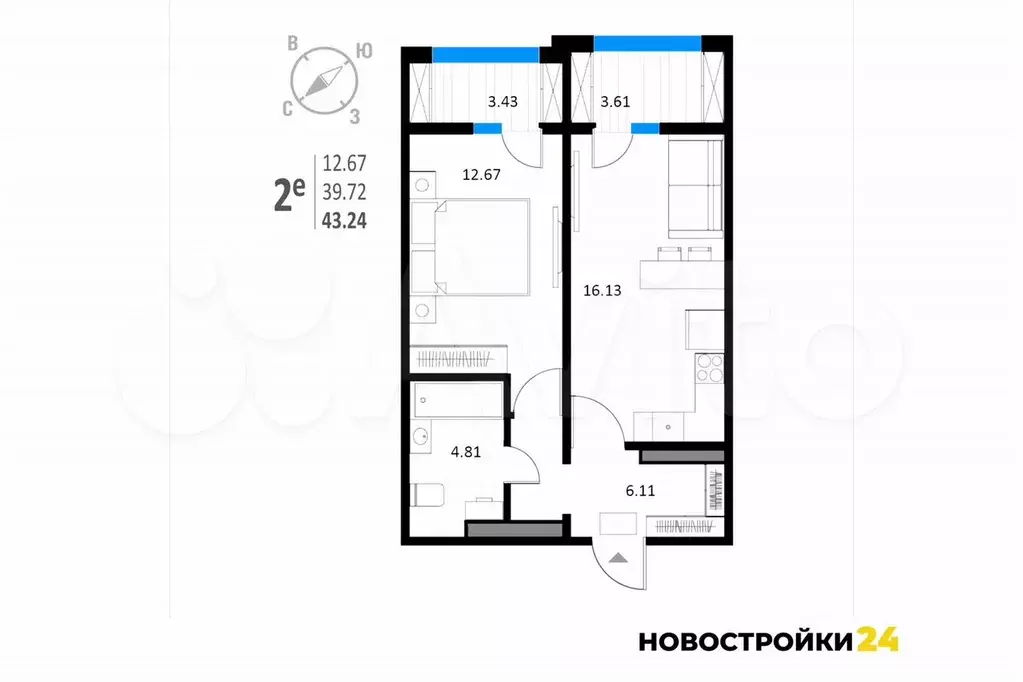 1-к. квартира, 43,2 м, 7/18 эт. - Фото 1