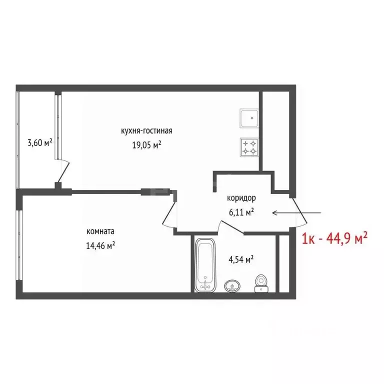 1-к кв. Свердловская область, Екатеринбург ул. Краснолесья, 54/2 (44.9 ... - Фото 2