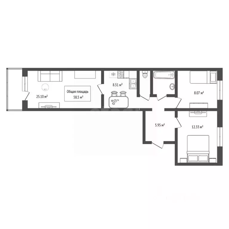 Студия Новосибирская область, Новосибирск ул. Плющихинская, 9 (58.5 м) - Фото 2
