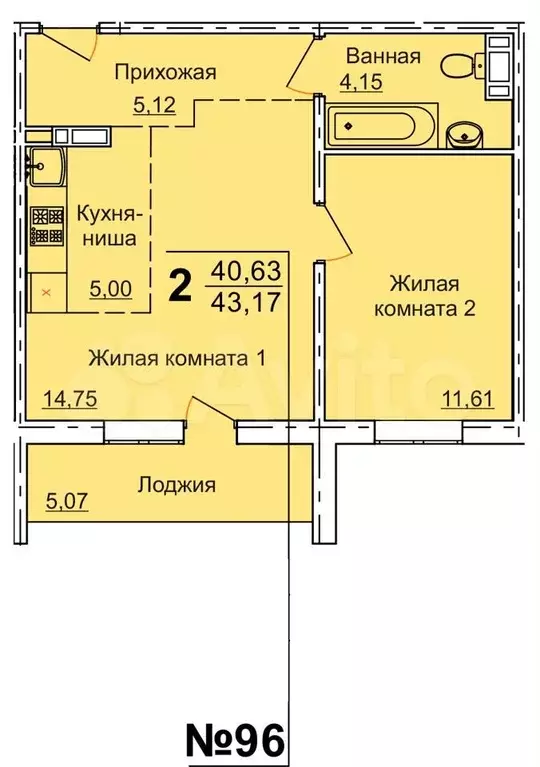 2-к. квартира, 43,2м, 5/10эт. - Фото 0