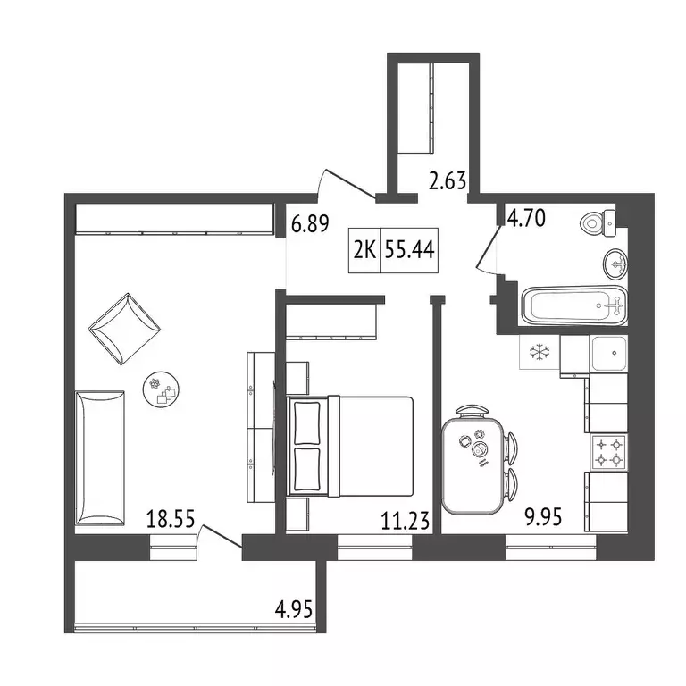 Продаётся 2-к квартира, 55.44 м - Фото 0