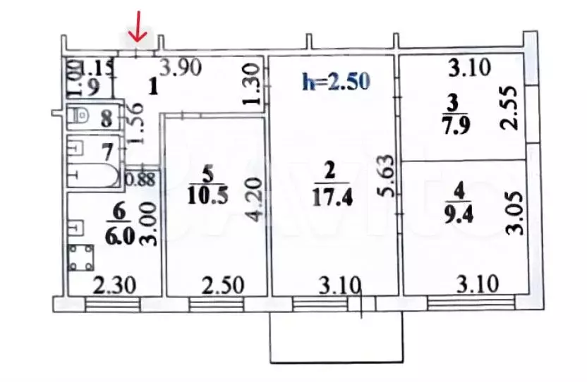 4-к. квартира, 61,5 м, 5/5 эт. - Фото 0