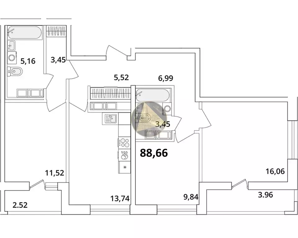 3-комнатная квартира: Санкт-Петербург, Кубинская улица, 82к3с1 (88.66 ... - Фото 1