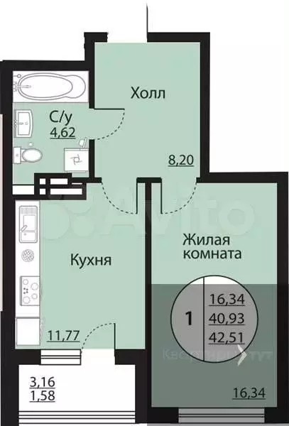 1-к. квартира, 42,5 м, 17/24 эт. - Фото 0