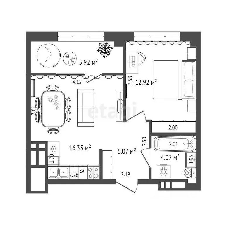 1-к кв. Тюменская область, Тюмень ул. Пожарных и Спасателей, 1 (37.9 ... - Фото 2