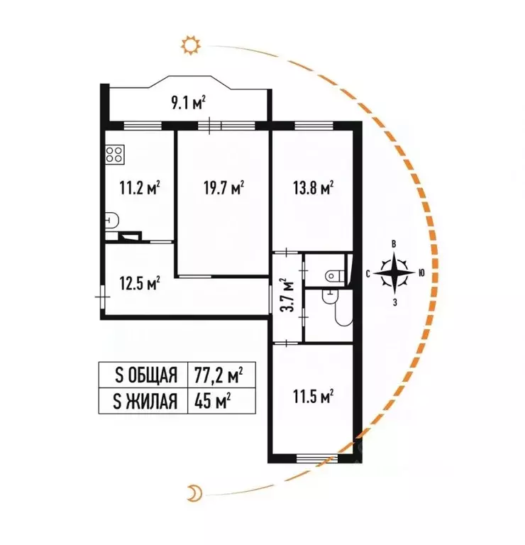 3-к кв. Новосибирская область, Новосибирск ул. Есенина, 31/1 (77.2 м) - Фото 1