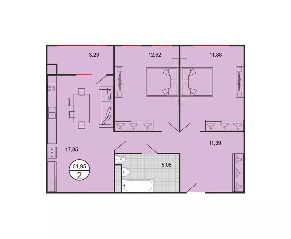 2-к кв. Ставропольский край, Ставрополь № 15 мкр,  (61.95 м) - Фото 1