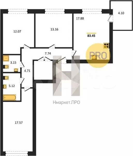 3-к. квартира, 83,5 м, 2/9 эт. - Фото 1
