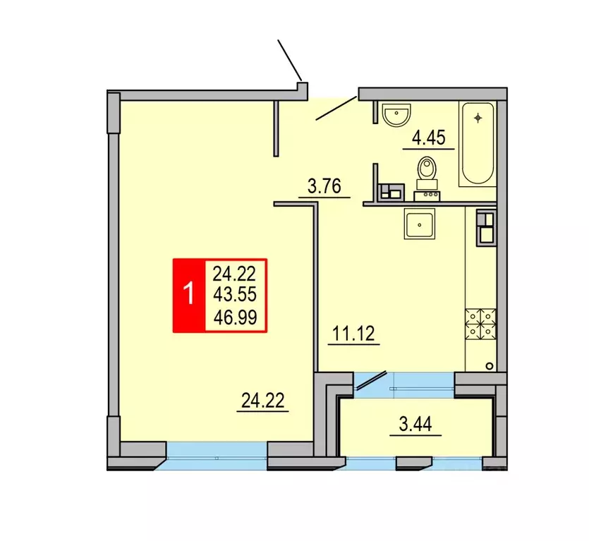 1-к кв. Тверская область, Тверь Петербургское ш. (46.99 м) - Фото 1