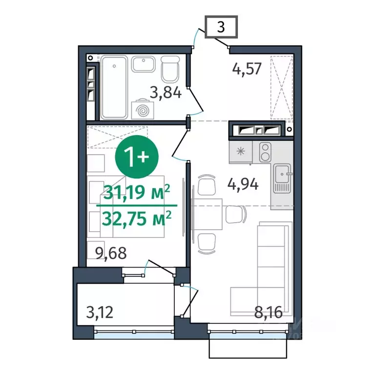 1-к кв. Тюменская область, Тюмень ул. Тимофея Кармацкого, 17 (31.19 м) - Фото 0