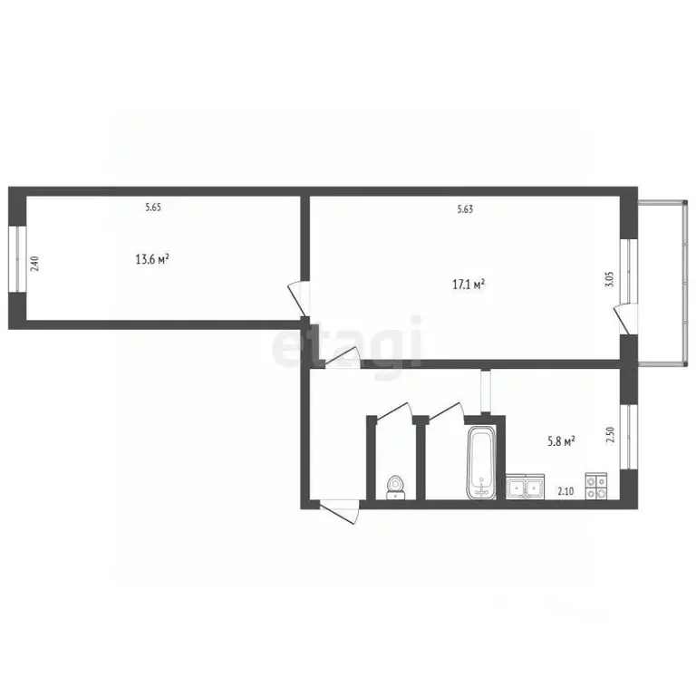 2-к кв. Омская область, Омск просп. Мира, 157 (44.8 м) - Фото 1