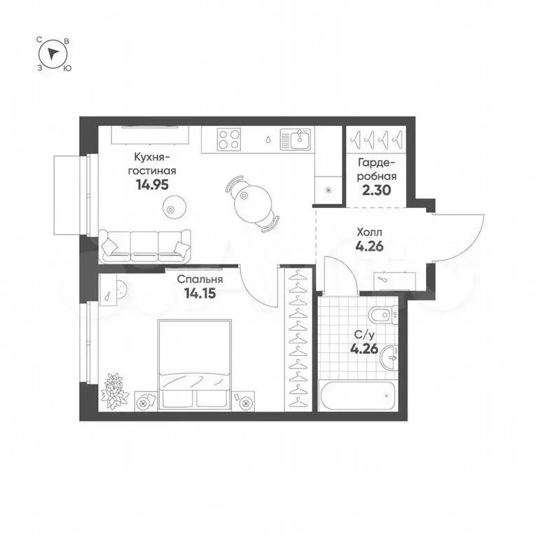 1-к. квартира, 40 м, 4/17 эт. - Фото 0
