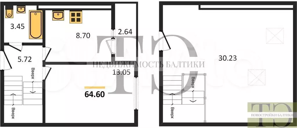 2-к. квартира, 64,6 м, 6/6 эт. - Фото 0